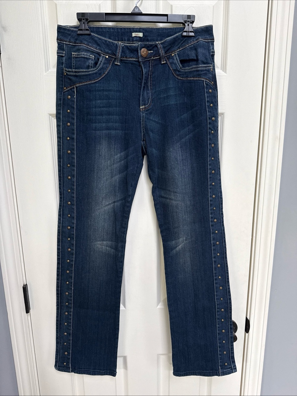REBA Studded Embroidered Indigo Western Bootcut Dark Wash Denim StretchJeans 8
